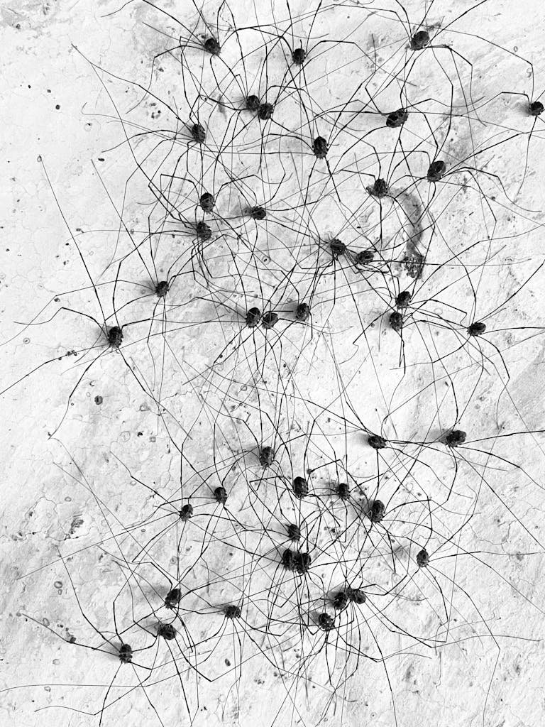 Black and white photo showing an intricate pattern of spiders on a textured surface.